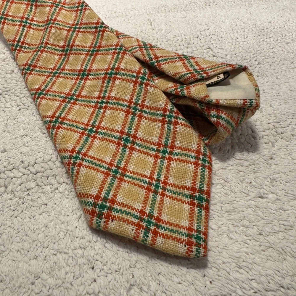 Vintage Bert Pulitzer Tie Orange Green Plaid Wool Linen Heritage Ivy League
